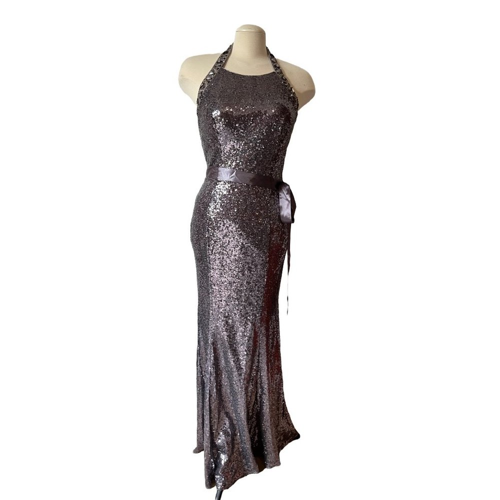 New Alexia Designs Halter Neck Formal Gown Dress Sz 10 Silver Sequins A LIne Lon